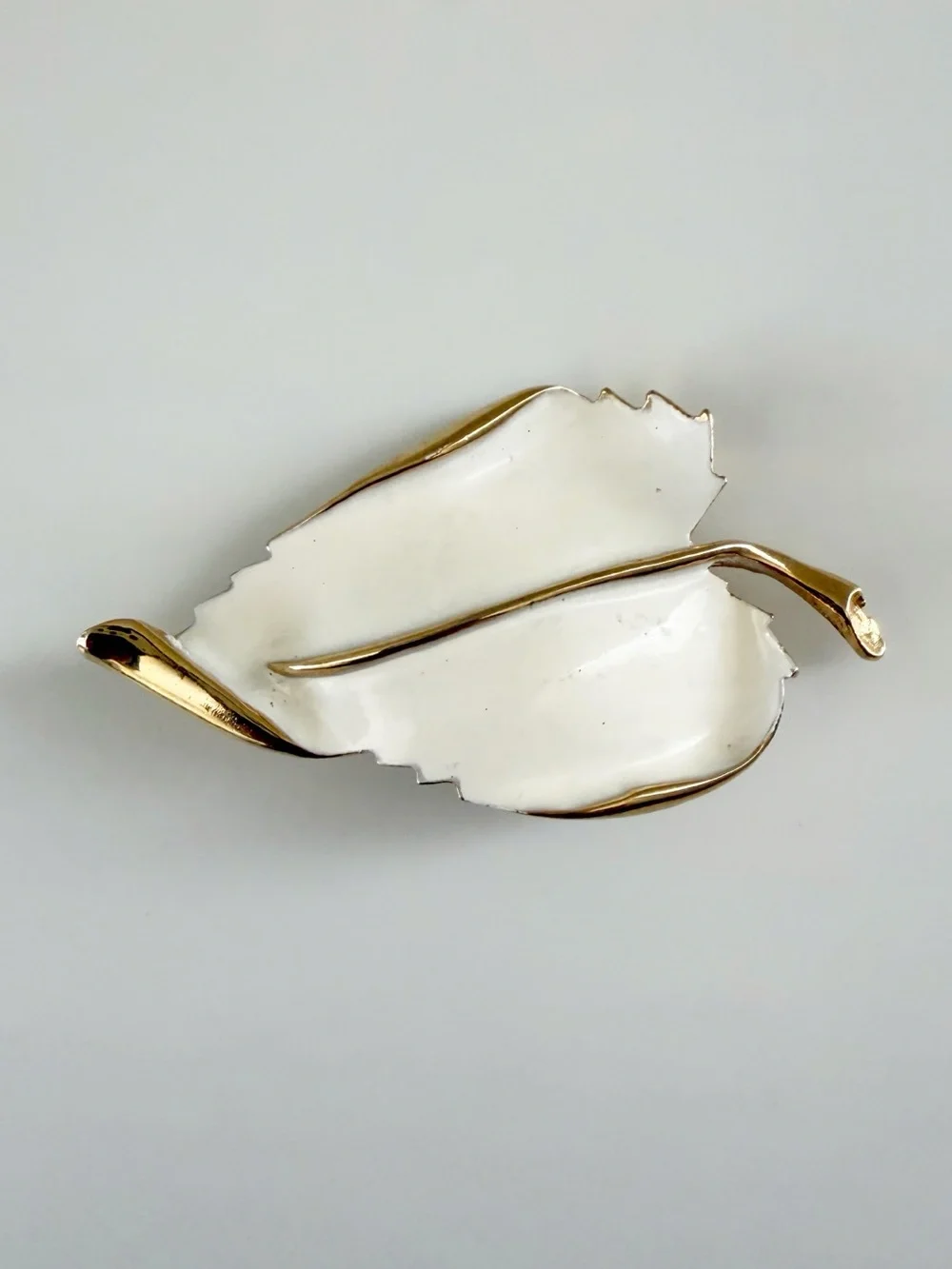 Vintage White Enamel Gold Tone Leaf Brooch Pin